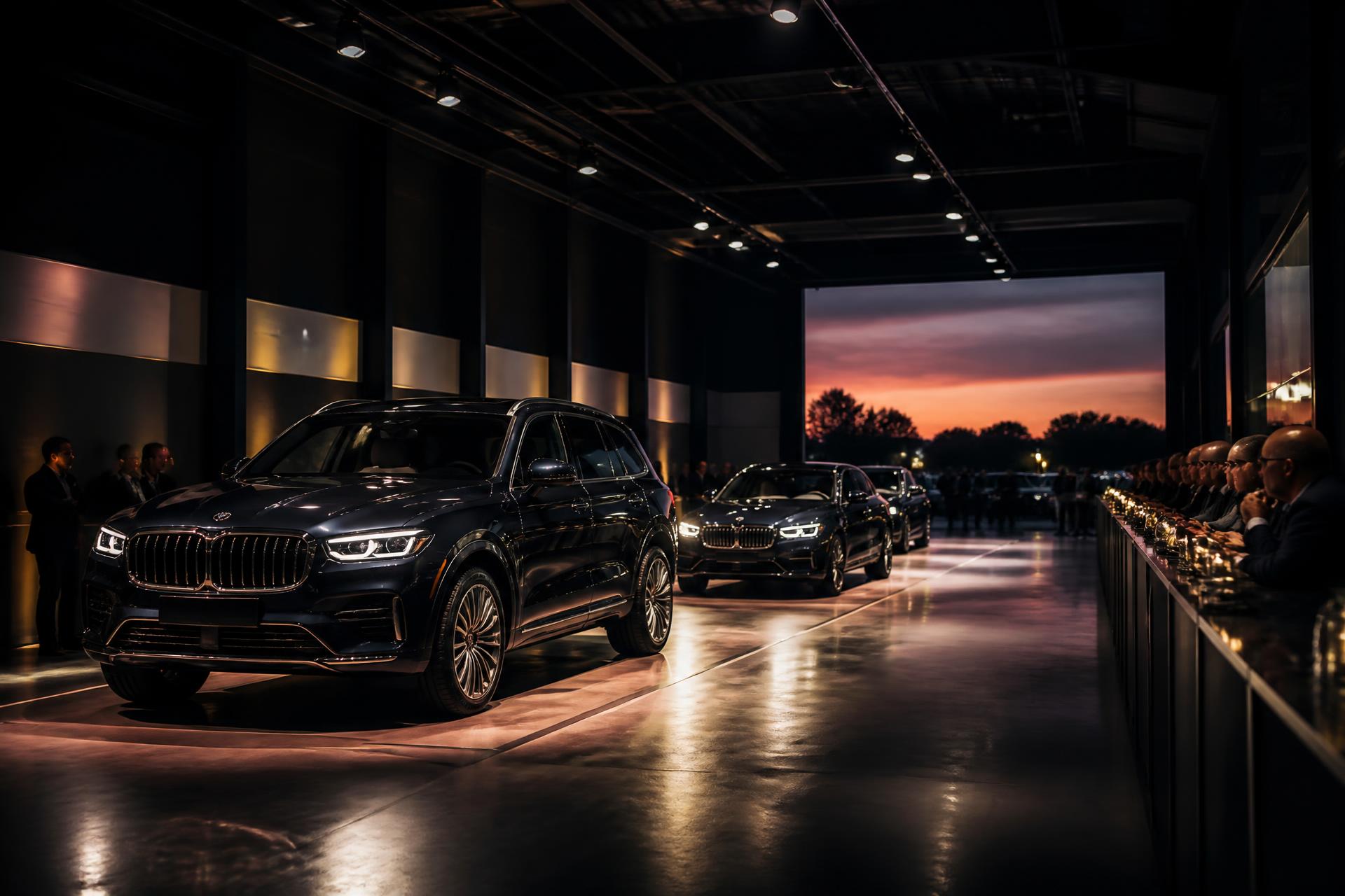 Luxury vehicles lined up under spotlights inside a dealer auction lane